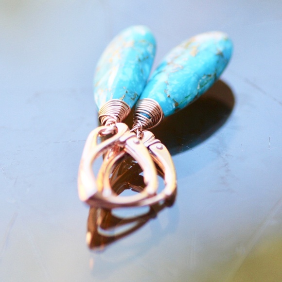 Natural Turquoise Earrings Handcrafted 14K Rose Gold Filled, December Birthstone - Picture 3 of 5